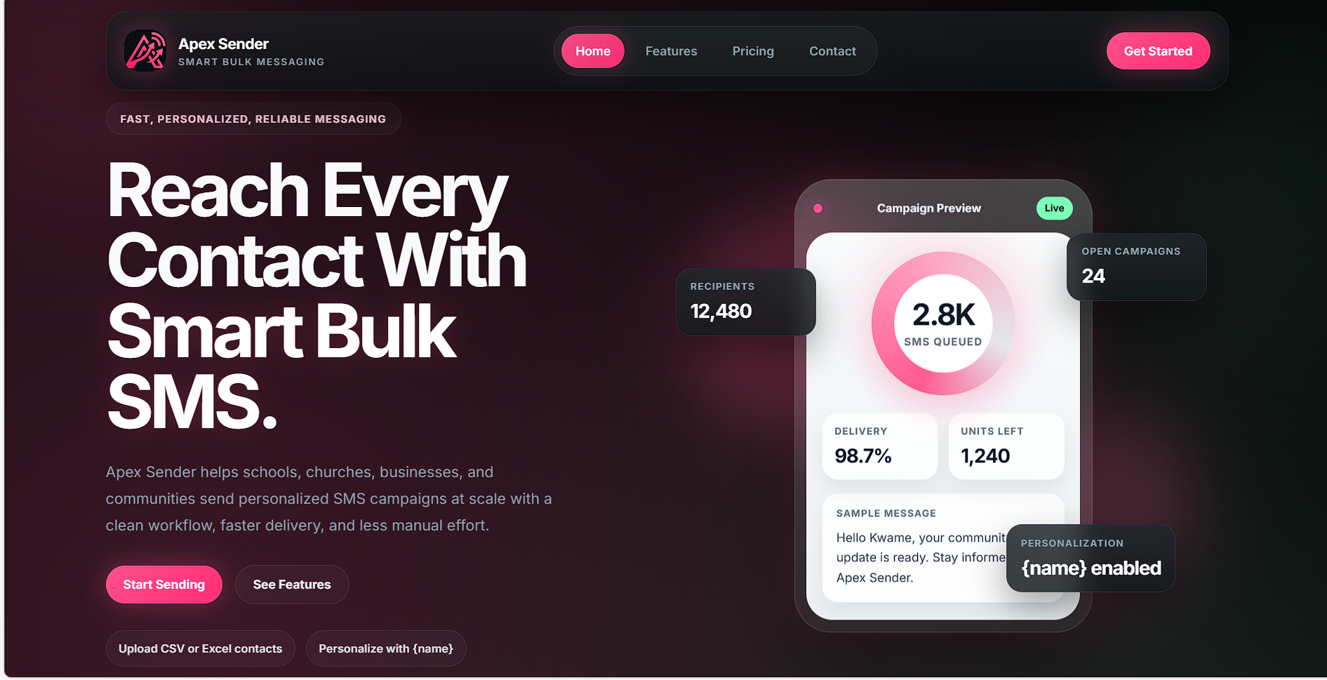 Apex Sender website preview